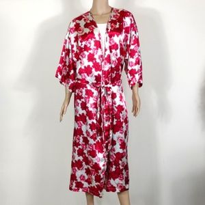 Serenade size 1X 18/20 Red & white floral rose print silky lightweight Robe